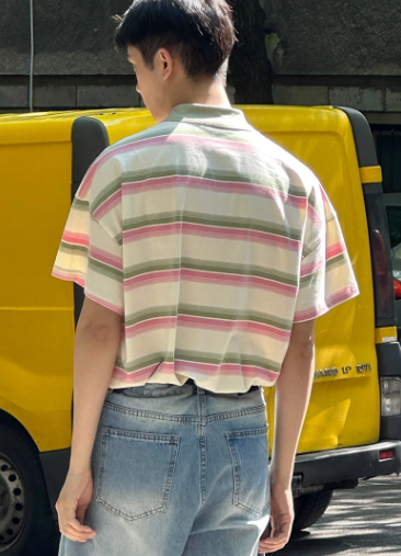 MamaHasGun Retro Pink Striped Loose Polo Shirt [MHG013] 