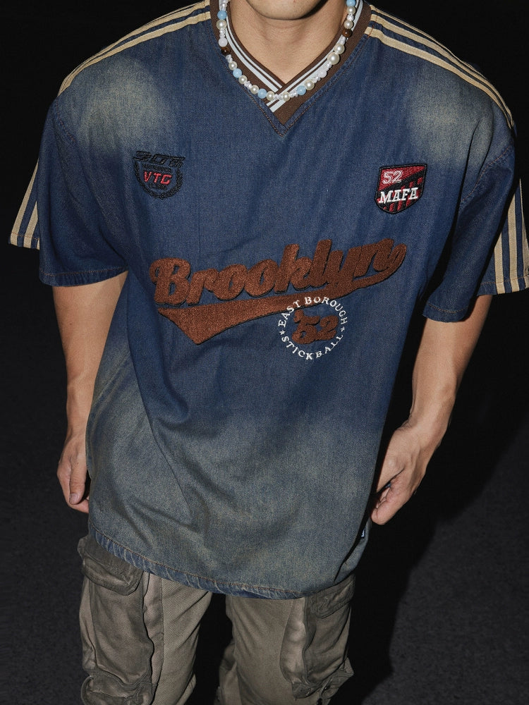 レトロデニム刺繍Tシャツ - サマー・バイブス