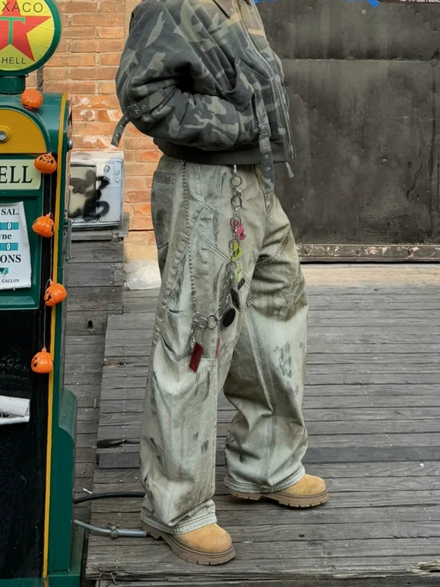 ヴィンテージ グランジイエロークレイ染め ワイドレッグジーンズ【NB03001】