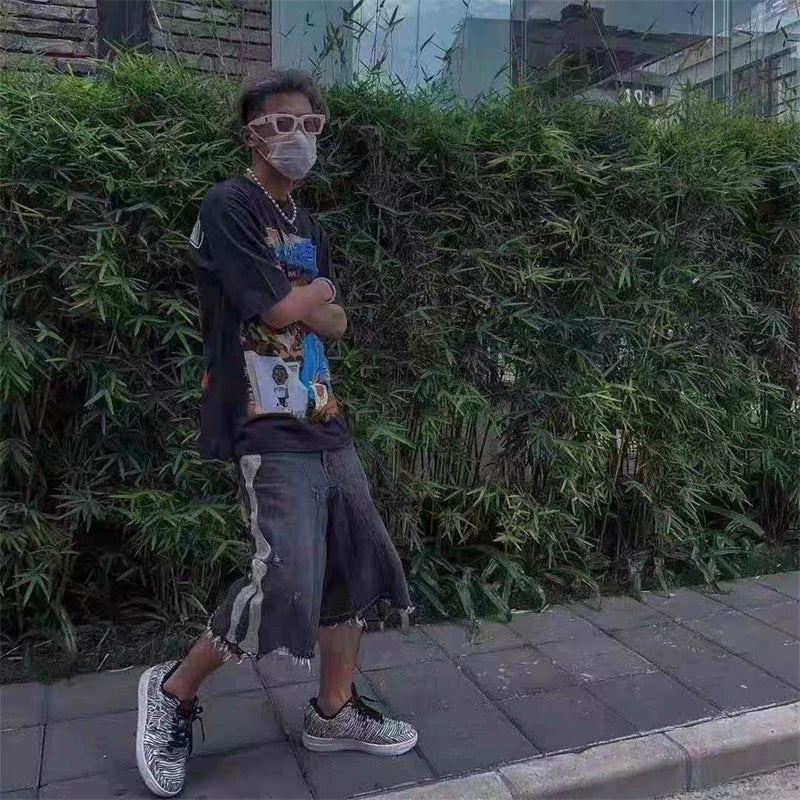 ボーン刺繍 オールドダメージ ルーズデニムハーフパンツ【NB03006】