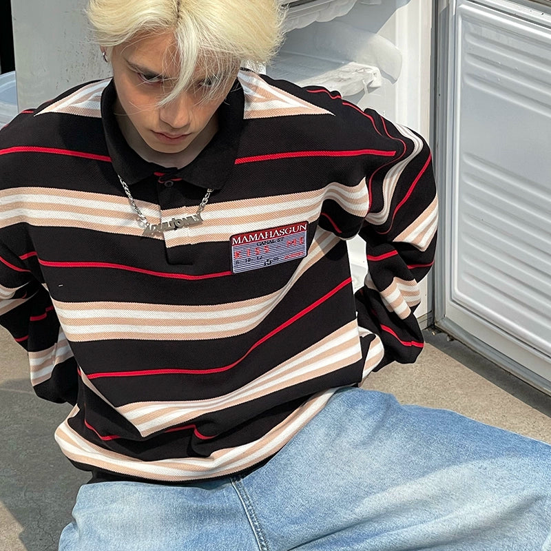 MamaHasGun ヴィンテージ ルーズ ブラック＆レッド ストライプ 長袖 ポロシャツ【MHG01001】
