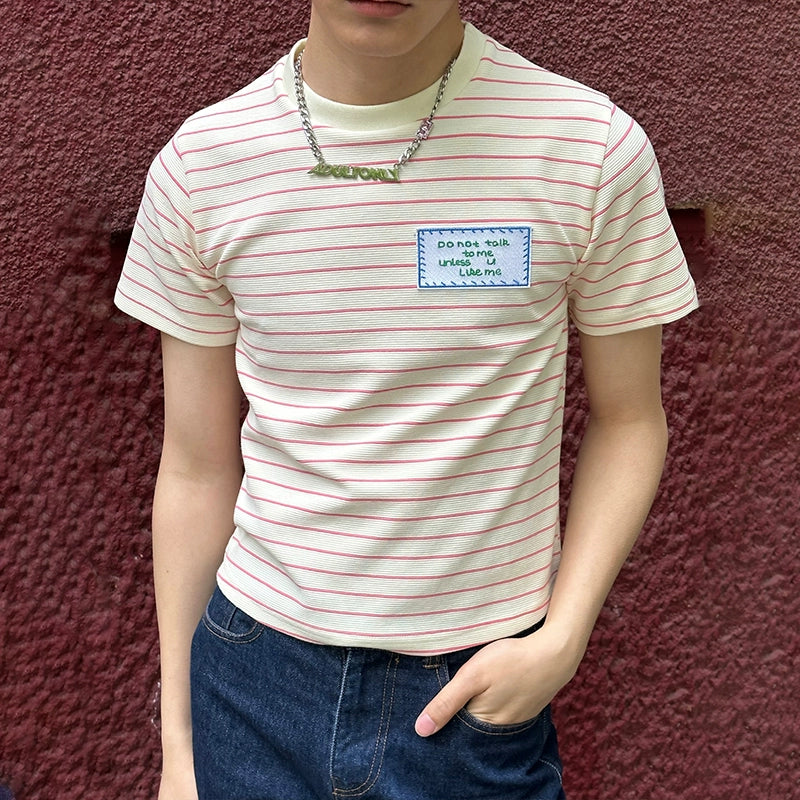 MamaHasGun Small Fit Striped Embroidered Short Tee