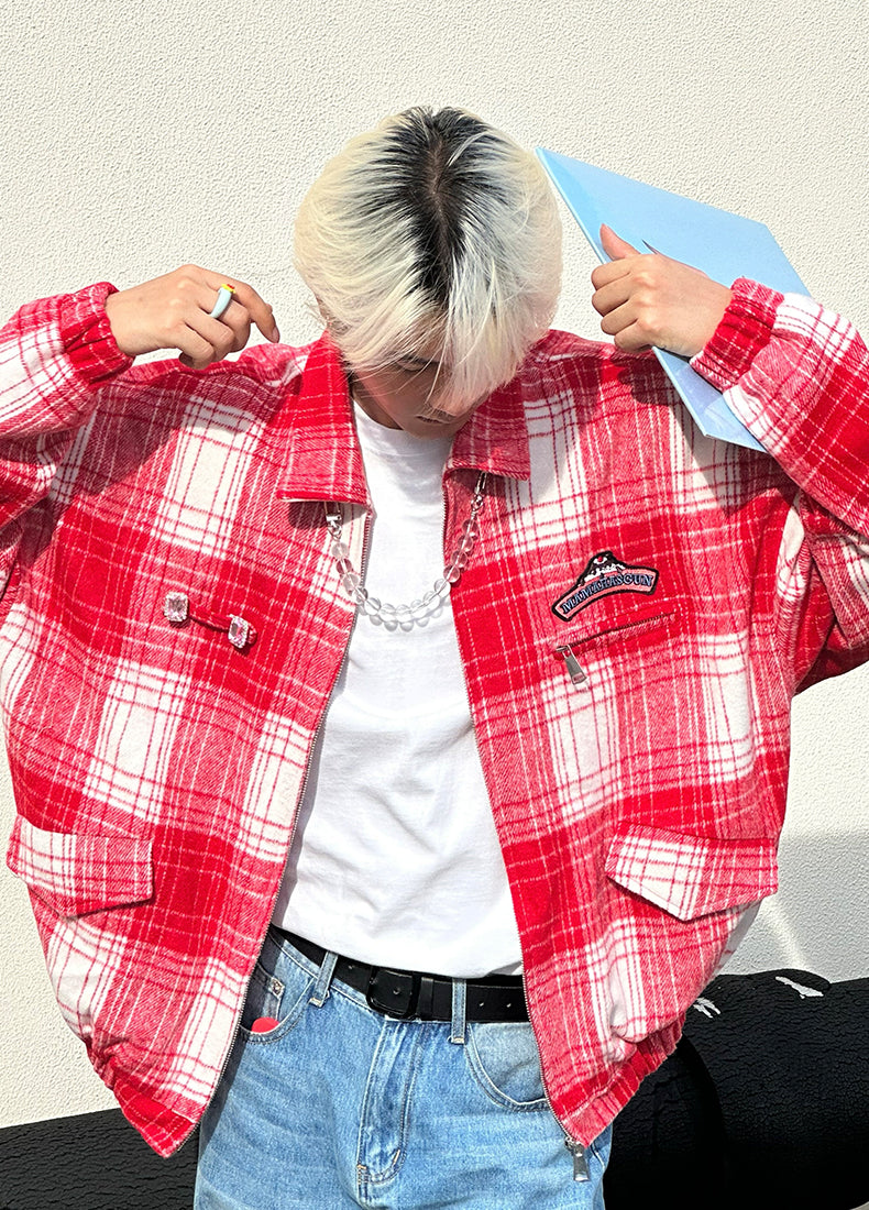 【MHG113】MamaHasGun Vintage Red Plaid Tweed Jacket